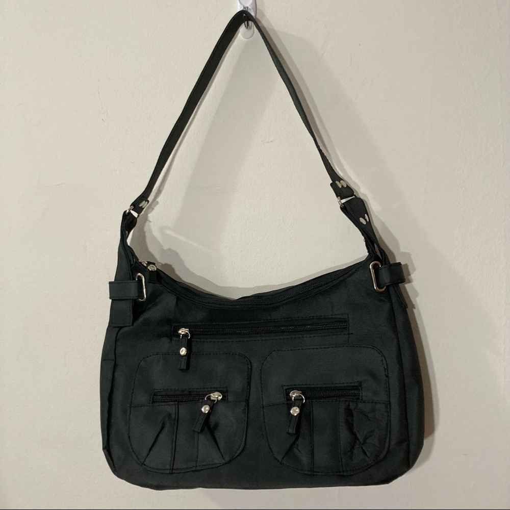 Black Sateen Silver Grommet Shoulder Bag Y2K Style Front Pockets Zipper Purse